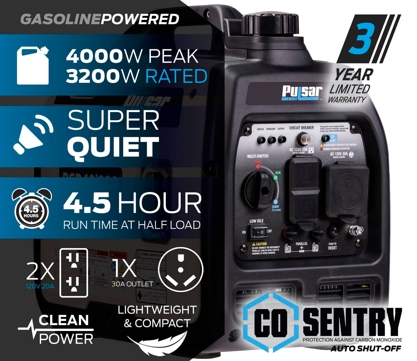Pulsar PGD40ISCO 4000W Quiet Portable Gas Inverter Generator